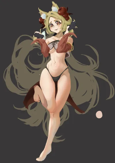 原创兽耳少女全身立绘：绿发红角、长发飞舞