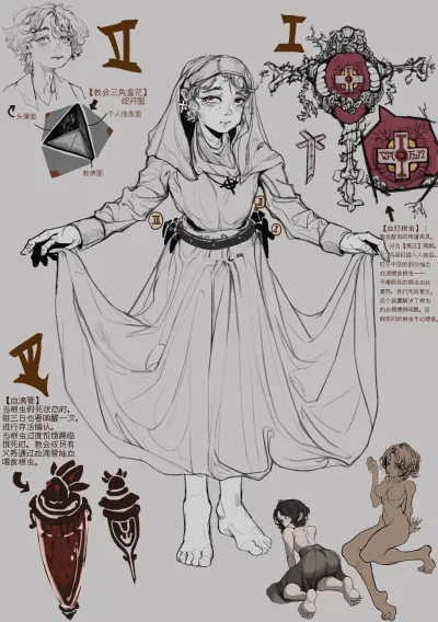 设定稿「教会三角盒花」：白袍祭祀少女与教典